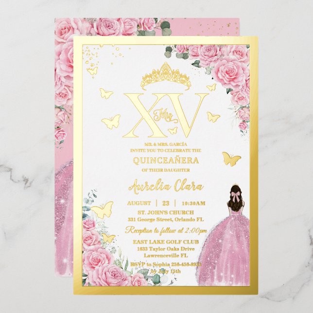 Light Pink Roses Floral Quinceanera Mis XV Gold (Front/Back)