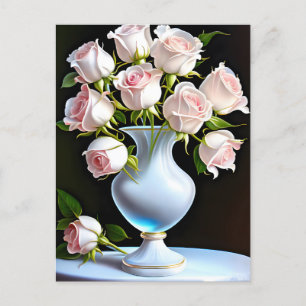 Light pink roses in a crystal vase postcard