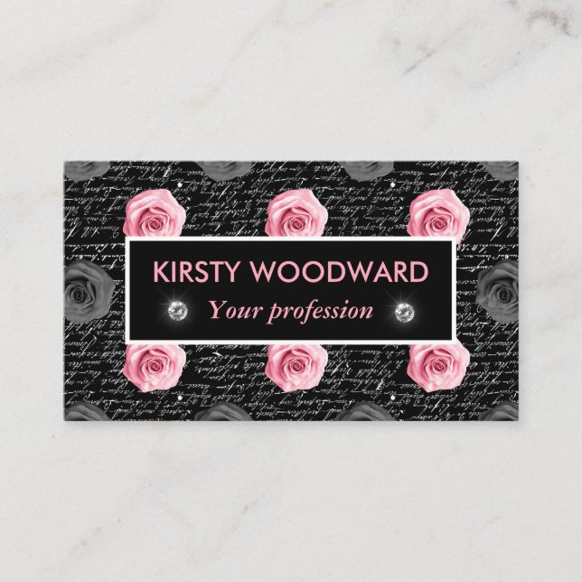 Light Pink Roses on Black & White handwritten text Business Card (Front)