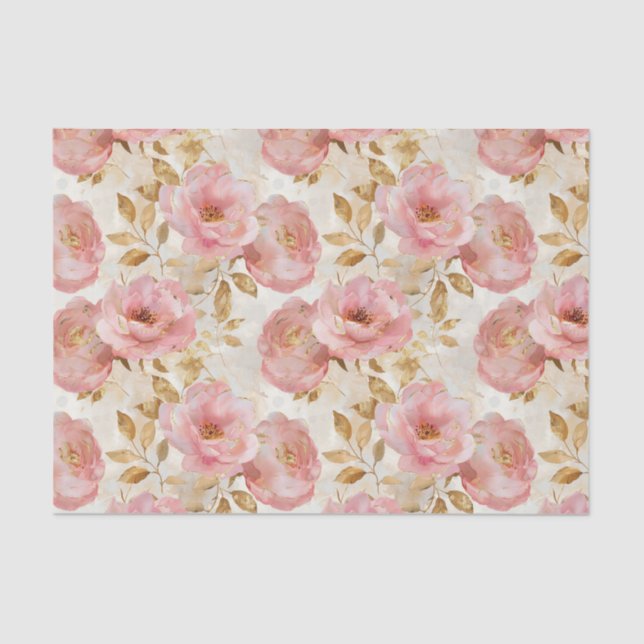 Light Pink Roses Pattern with Gold Leaves Tissue Paper (Front)