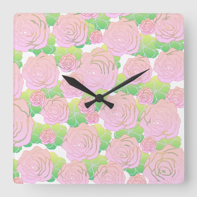 Light Pink Roses Square Wall Clock (Front)