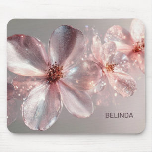 Light Pink Shiny Metallic Flower Business Card Mouse Mat