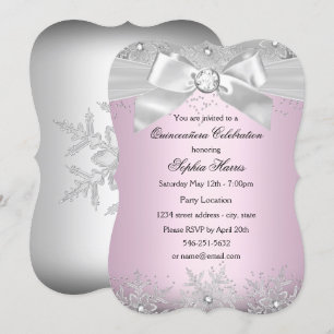 Light Pink Silver Jewel Bow Snowflake Quinceanera Invitation