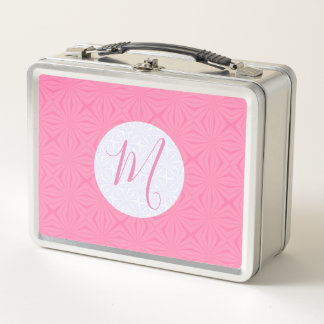 Light Pink Squiggly Squares Personalised Initial  Metal Lunch Box