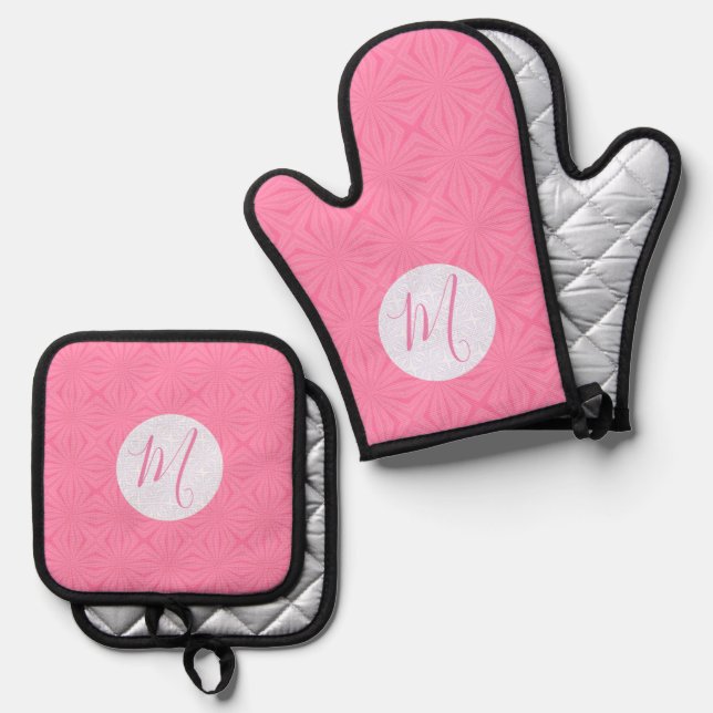 Light Pink Squiggly Squares Personalised Initial  Oven Mitt & Pot Holder Set (Front/Back)