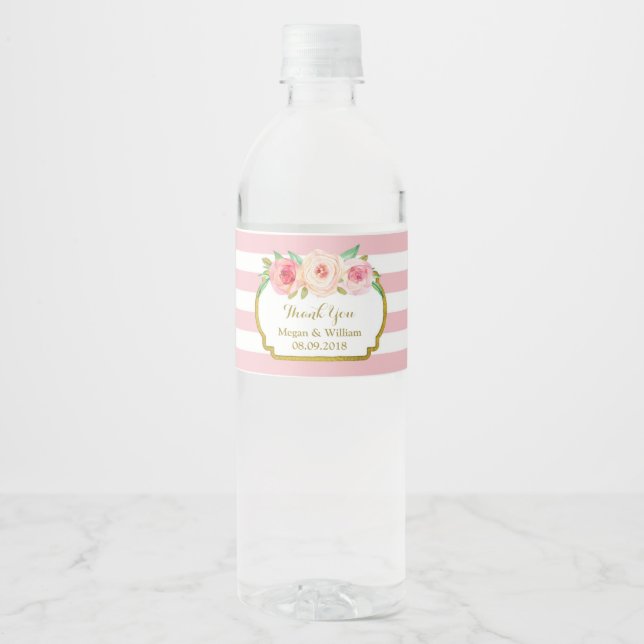 Light Pink Stripes Floral Gold Water Bottle Label (Front)