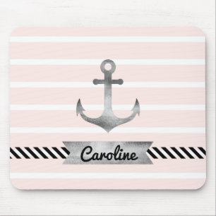 Light Pink Stripes Watercolor Anchor Personalised Mouse Mat