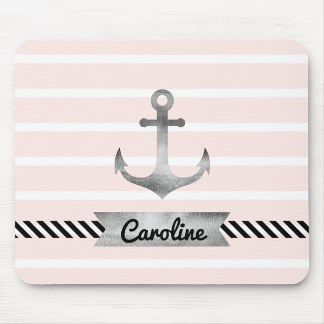 Light Pink Stripes Watercolor Anchor Personalised Mouse Mat (Front)