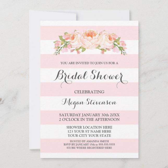 Light Pink Stripes Watercolor Floral Bridal Shower Invitation (Back)