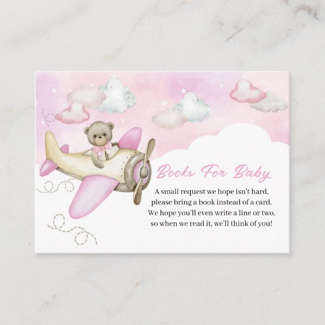 Light Pink Teddy Bear Aeroplane Books for Baby Enclosure Card (Front)