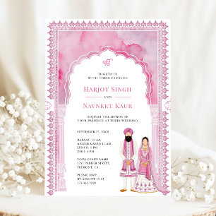 Light Pink Watercolor Arch Frame Sikh Wedding Invitation