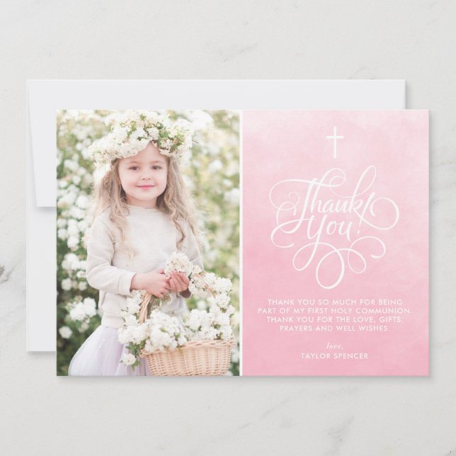 Light Pink Watercolor First Holy Communion Thank You Card (Front)