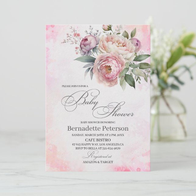 Light Pink Watercolor Flowers Baby Shower Invitation (Standing Front)