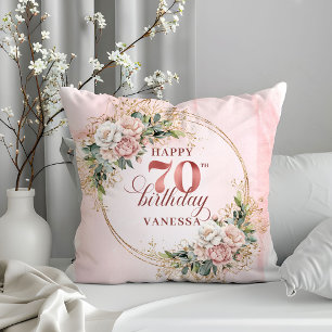 Light Pink Watercolor Flowers Pillow 70th Birthday