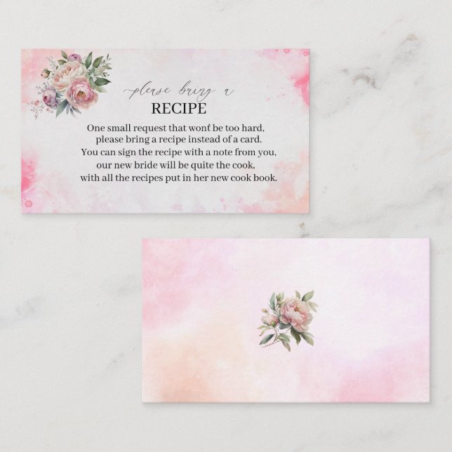 Light Pink Watercolor Flowers  Recipe card bridal  (Front/Back)