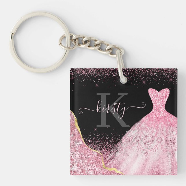 Light Pink Watercolor Glitter Dress Monogram Key Ring (Front)
