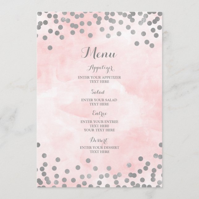 Light Pink Watercolor Silver Confetti Wedding Menu (Front)