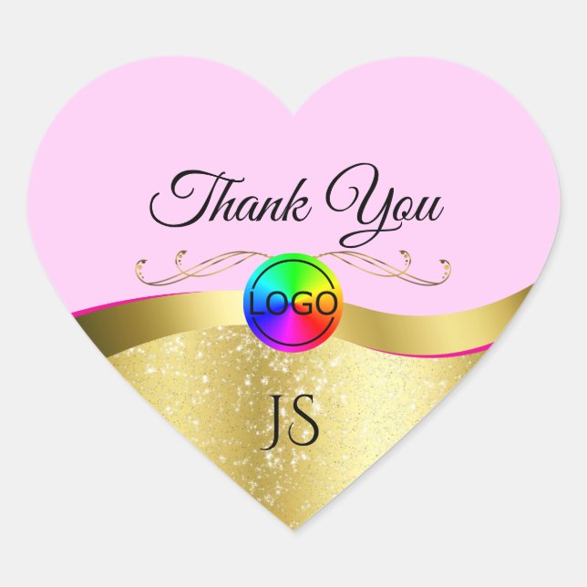 Light Pink Wavy Gold with Logo Monogram Thank You Heart Sticker (Front)