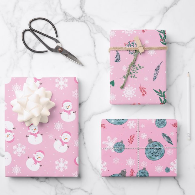Light Pink & White Cute Winter Snow Wrapping Paper Sheet (Front)