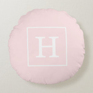 Light Pink White Framed Initial Monogram Round Cushion