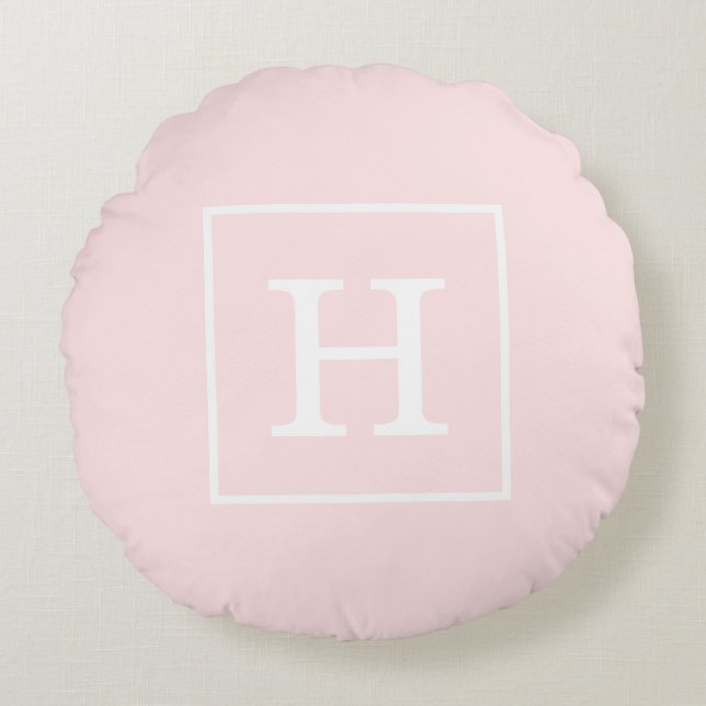 Light Pink White Framed Initial Monogram Round Cushion (Front)
