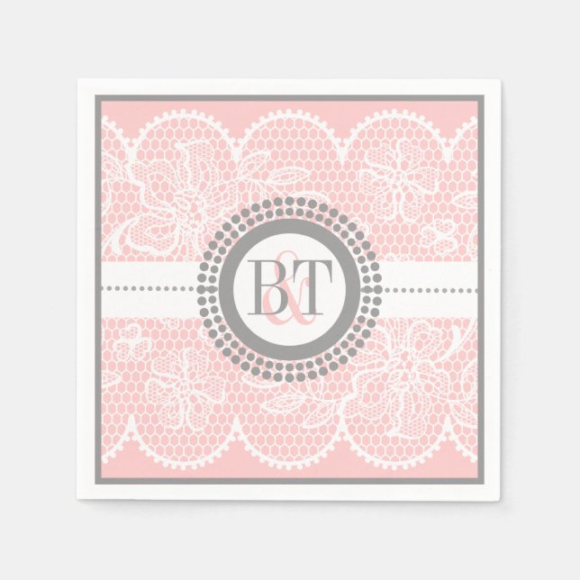 Light pink, white lace pattern wedding napkin (Front)