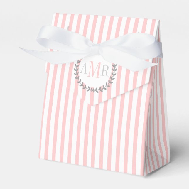 Light pink, white stripes monogram wedding favour box (Front Side)