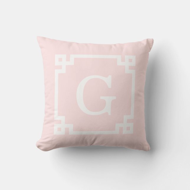 Light Pink Wht Greek Key Frame #2 Initial Monogram Cushion (Front)