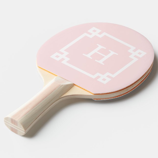 Light Pink Wht Greek Key Frame #2 Initial Monogram Ping Pong Paddle (Front Angle)