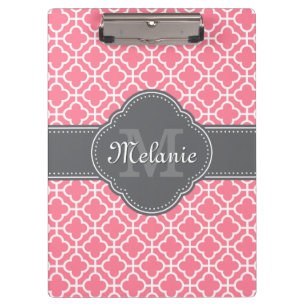 Light Pink Wht Moroccan Pattern Dark Grey Monogram Clipboard