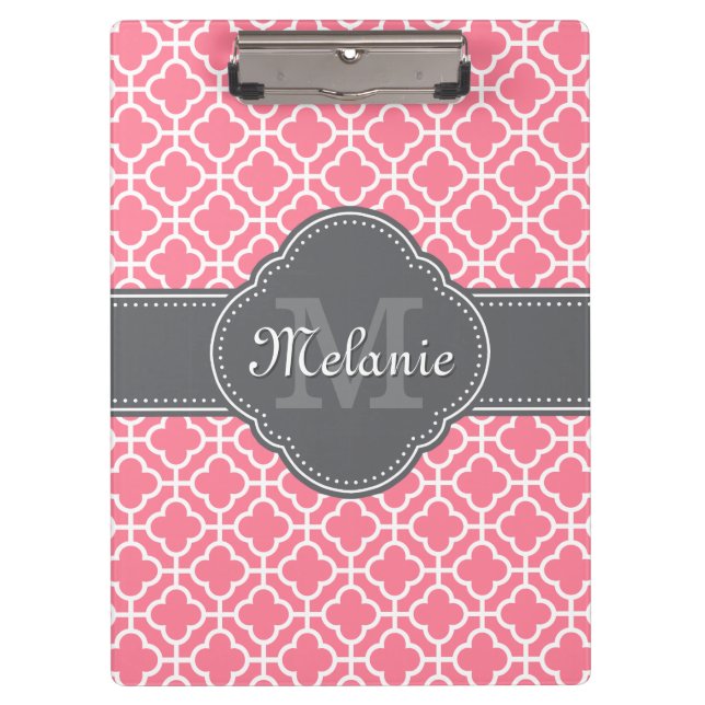 Light Pink Wht Moroccan Pattern Dark Grey Monogram Clipboard (Front)