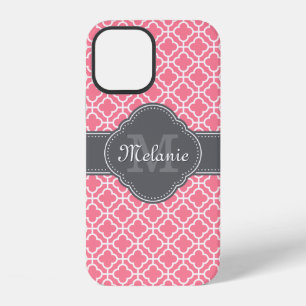 Light Pink Wht Moroccan Pattern Dark Grey Monogram iPhone 12 Case