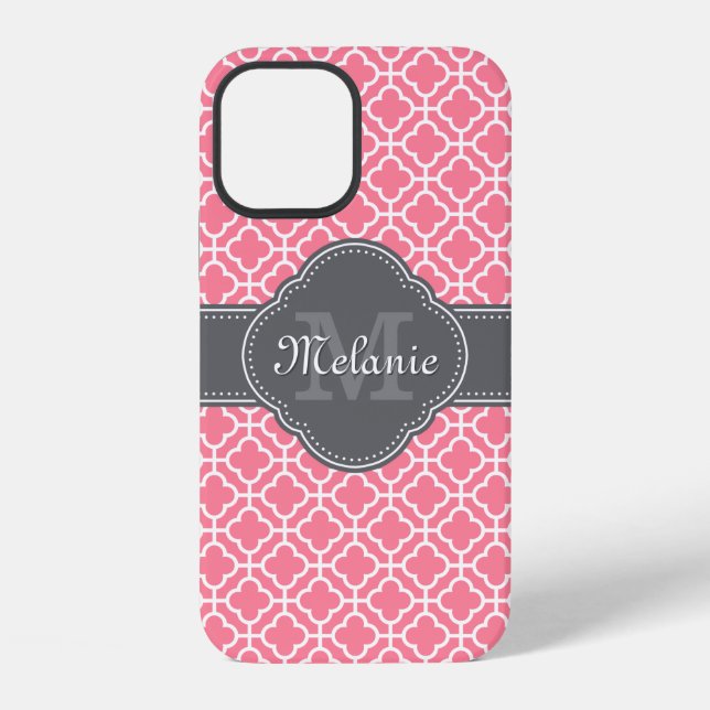 Light Pink Wht Moroccan Pattern Dark Grey Monogram iPhone Case (Back)