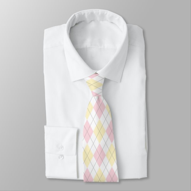 Light Pink & Yellow Argyle Necktie (Tied)
