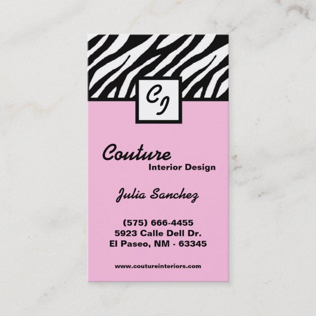Light Pink Zebra Print Personalise Business Card (Front)