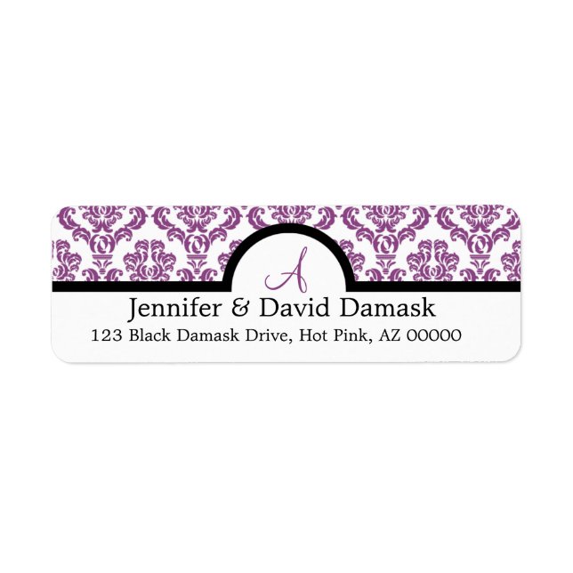Light Plum Damask Wedding Monogram Address Labels (Front)