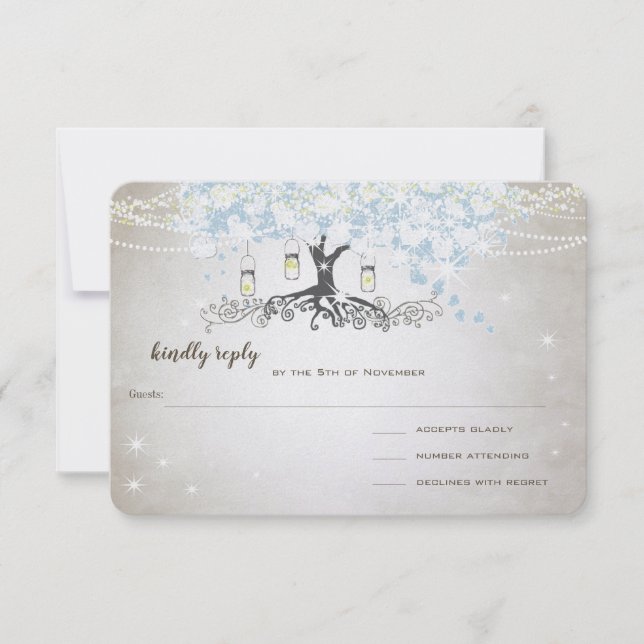 Light Powder Blue Heart Leaf Tree Wedding RSVP (Front)