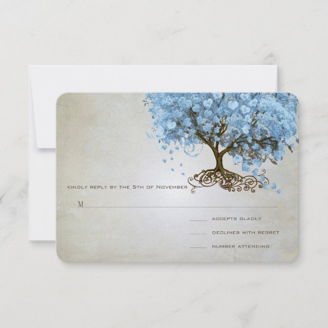 Light Powder Blue Heart Leaf Tree Wedding RSVP (Front)
