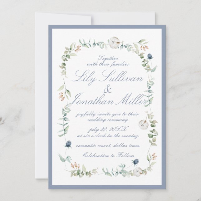 Light Powder Blue Romantic Floral Frame Wedding Invitation (Front)