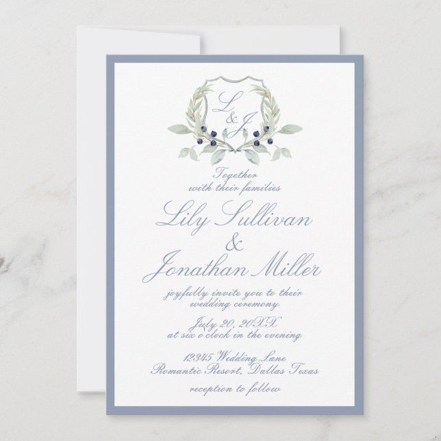 Light Powder Blue Romantic Monogram Crest Wedding  Invitation (Front)