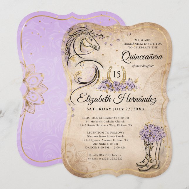 Light Purple and Gold Quince Rustic Horse Birthday Invitation (Front/Back)