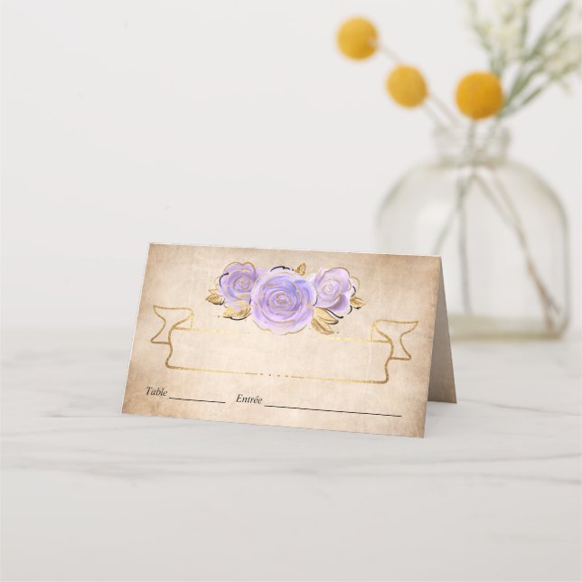 Light Purple and Gold Rose Parchment Folded Table Place Card (Front)