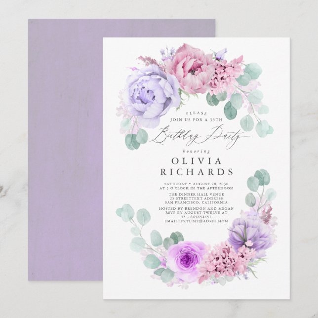 Light Purple and Pink Flowers Birthday Party Invitation (Front/Back)