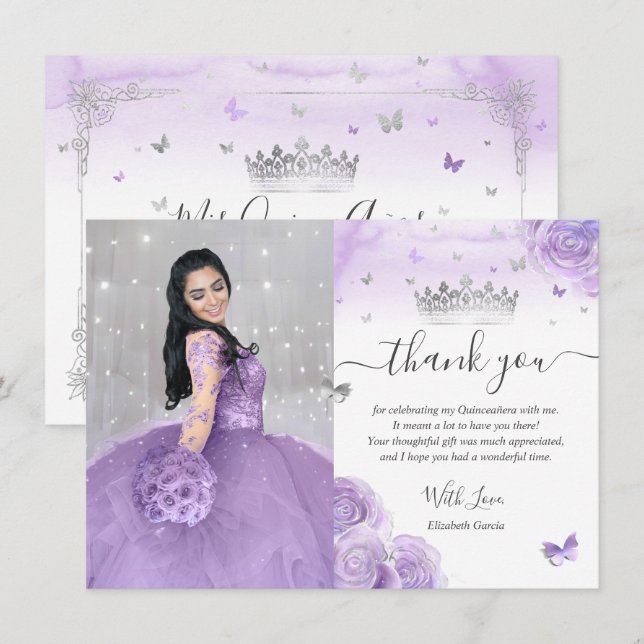 Light Purple and Silver Quinceañera Photo Birthday Thank You Card (Front/Back)