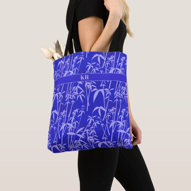 Light purple bamboo pattern on blue with initials tote bag (Close Up)