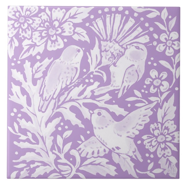 Light Purple Birds on Thistle Floral Woodland Tile (Front)