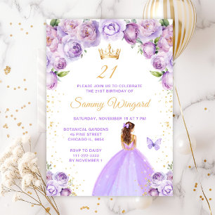 Light Purple Brown Hair Princess Birthday Party Invitation