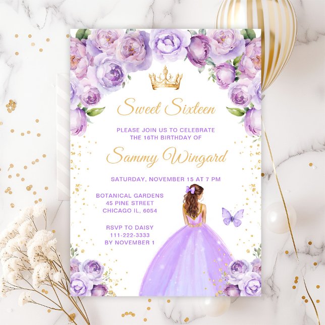 Light Purple Brown Hair Princess Sweet Sixteen Invitation (Creator Uploaded)