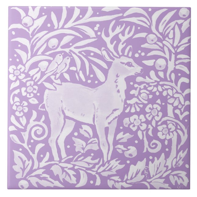 Light Purple Deer Buck Bird Floral Woodland Nature Tile (Front)
