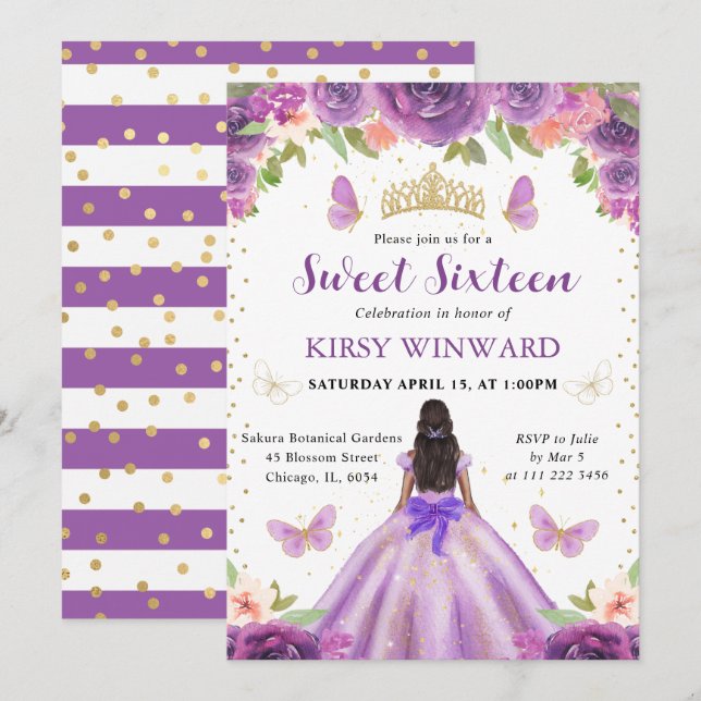 Light Purple Dress Dark Skin Princess Sweet 16 Invitation (Front/Back)